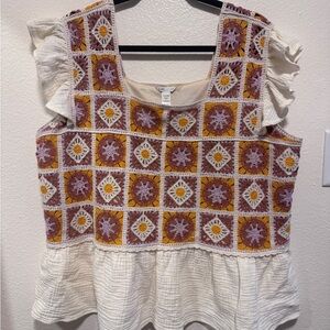 Cato White Peplum Top with Rust, Mustard & Lavender Crochet